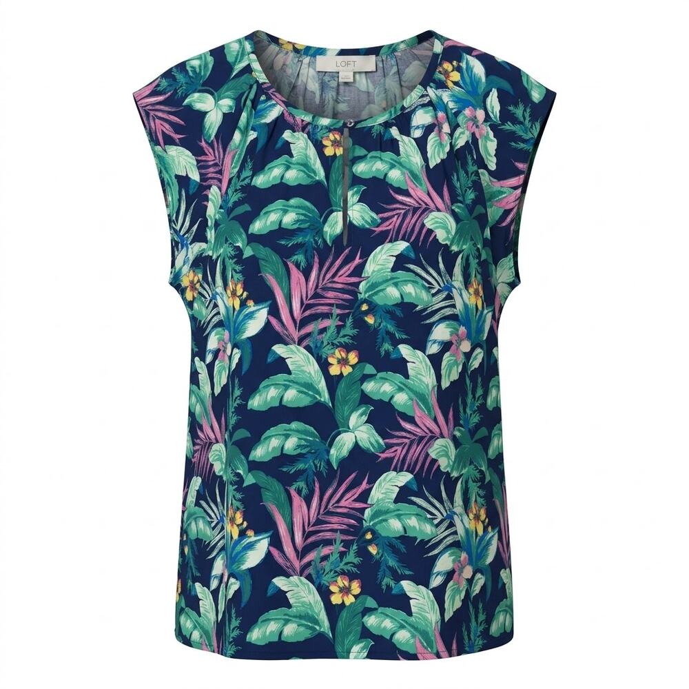 6ip9 Loft Blue Tropical Floral Leaf Print Sleeveless Blouse Women Size M